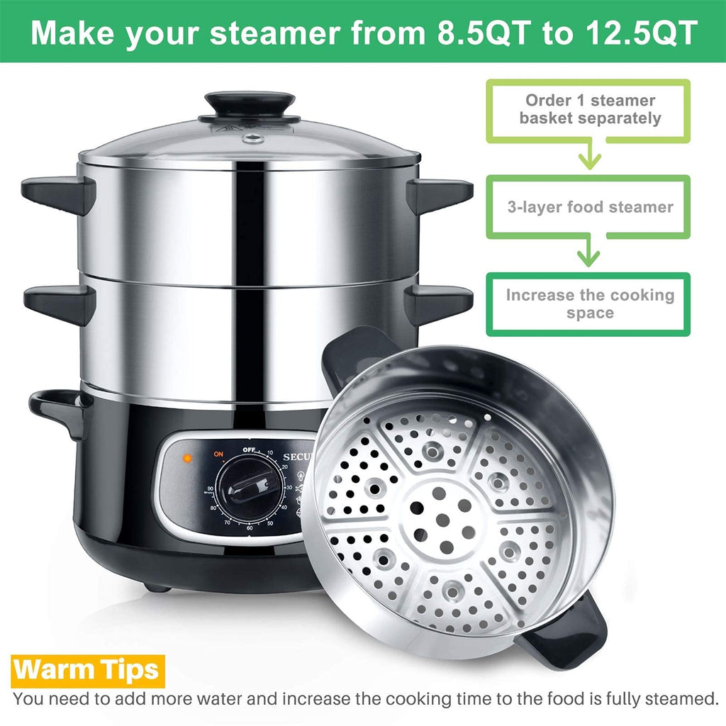 Stainless Steel Electric Food Steamer 8.5 Qt Glass Lid Double Tiered Stackable Baskets with Timer Model 2