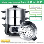 Stainless Steel Electric Food Steamer 8.5 Qt Glass Lid Double Tiered Stackable Baskets with Timer Model 2