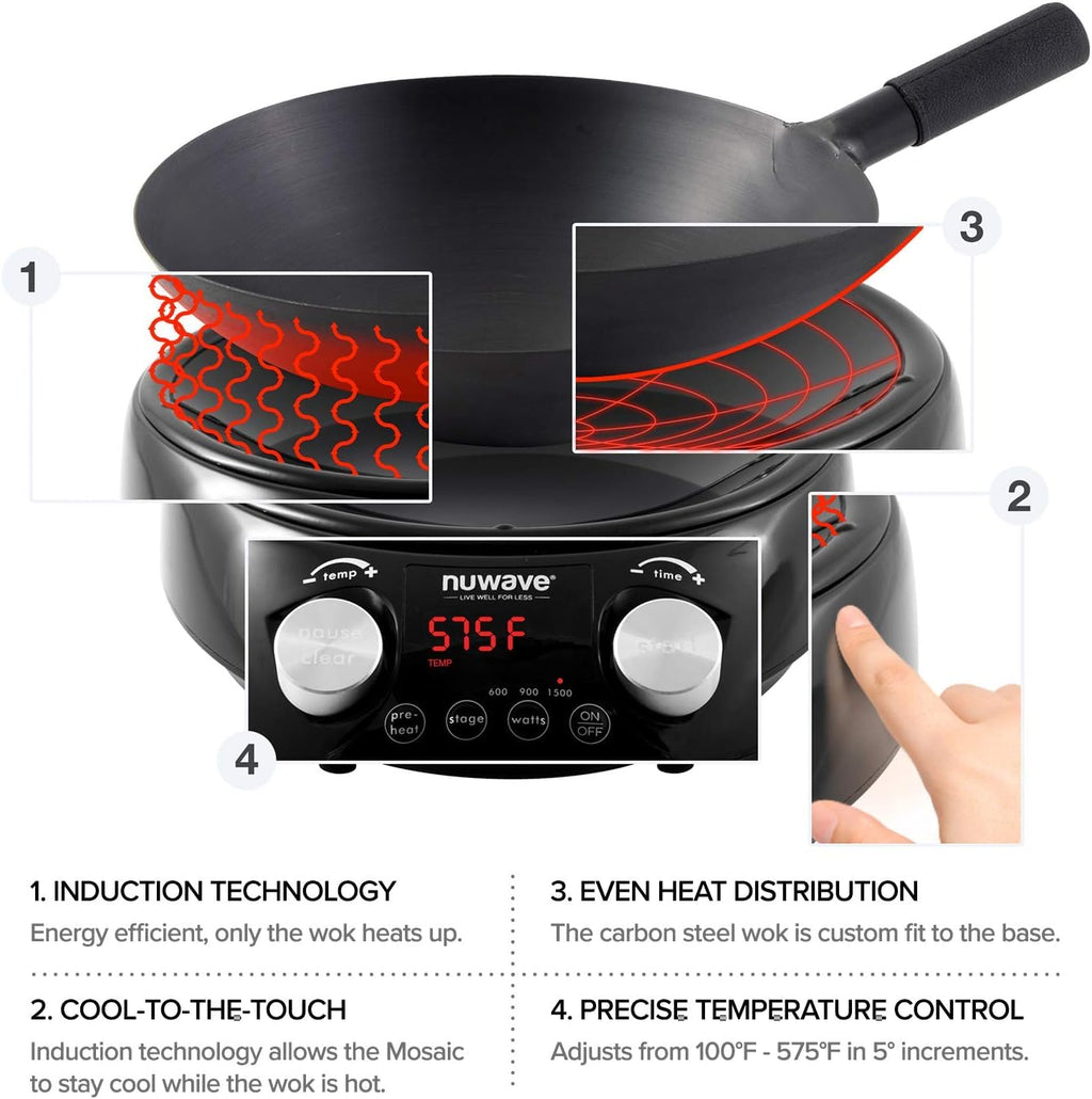 Electric induction wok with 3 wattages 600W 900W and 1500W 100°F to 575°F in 5°F cooking increments