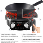 Electric induction wok with 3 wattages 600W 900W and 1500W 100°F to 575°F in 5°F cooking increments
