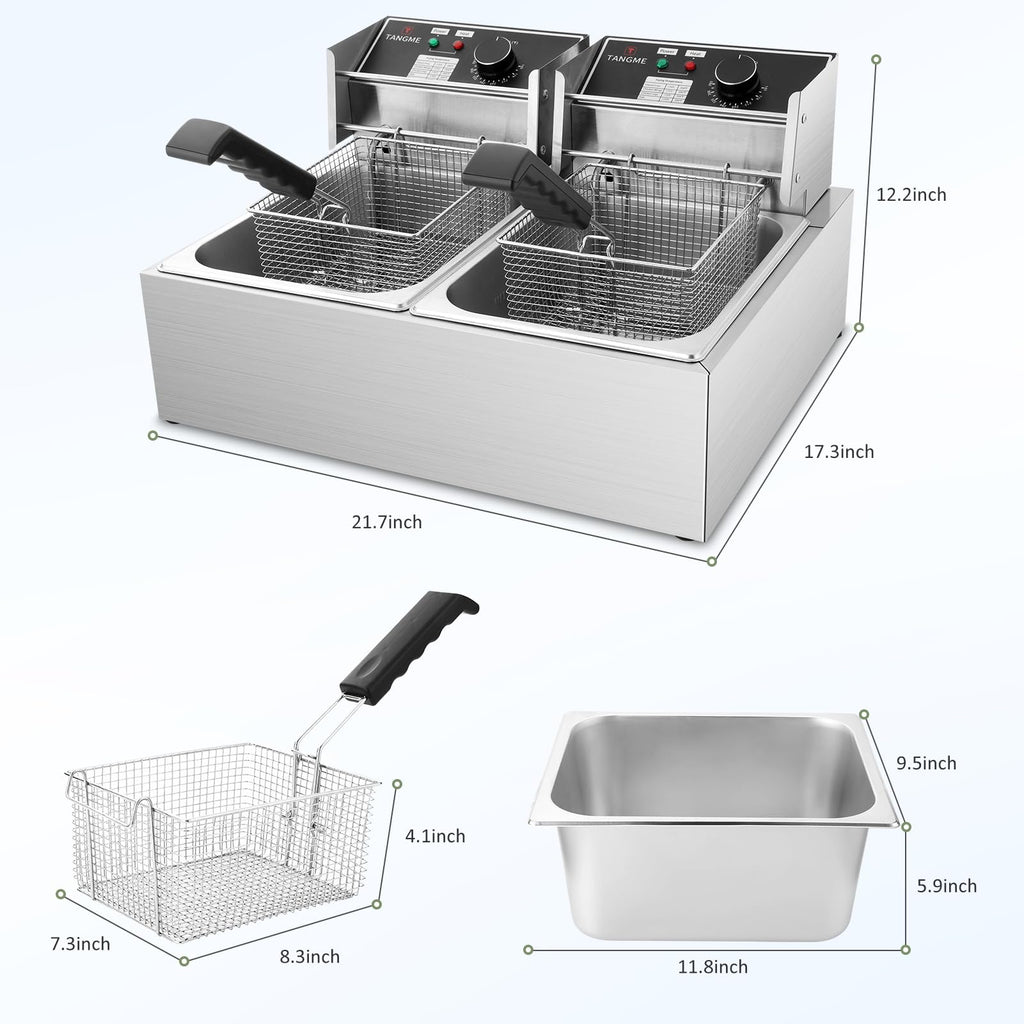 Commercial Deep Fryer 3400W Electric Fryer with 2x6.35QT Baskets Dual Basket for Restaurant Kitchen Use