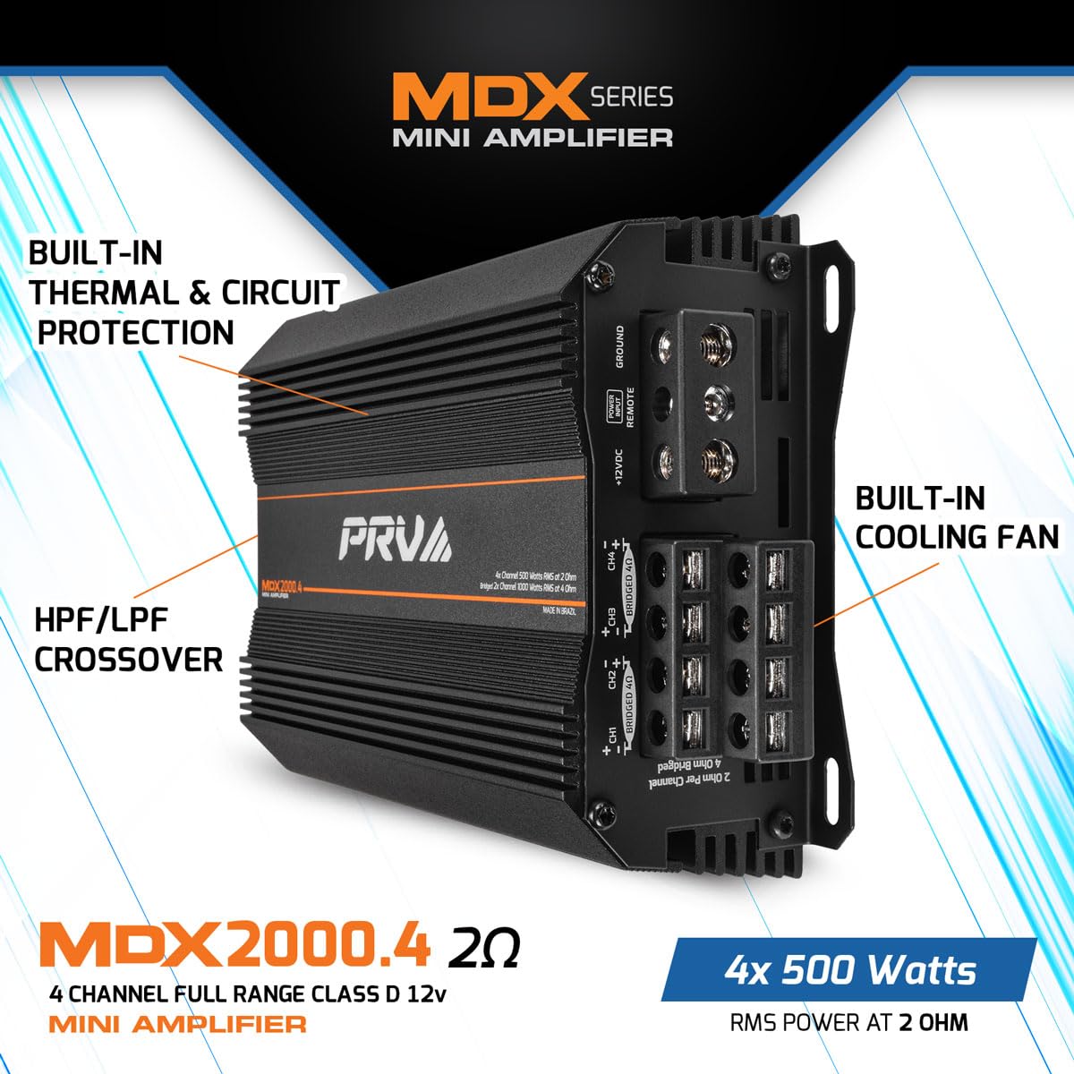 4 Channel Car Audio Amplifier, 2000W, 2 Ohm, 4 x 500W RMS, MDX2000.4