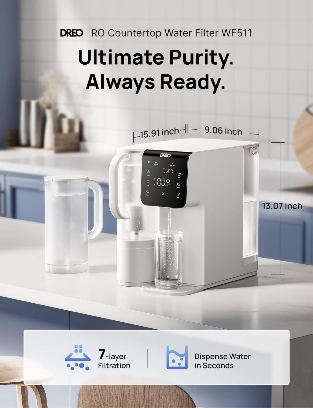 WF511 7 Stage Reverse Osmosis Filter Removes 99.99% Contaminants Install Free TDS Reduction BPA Free Pitcher