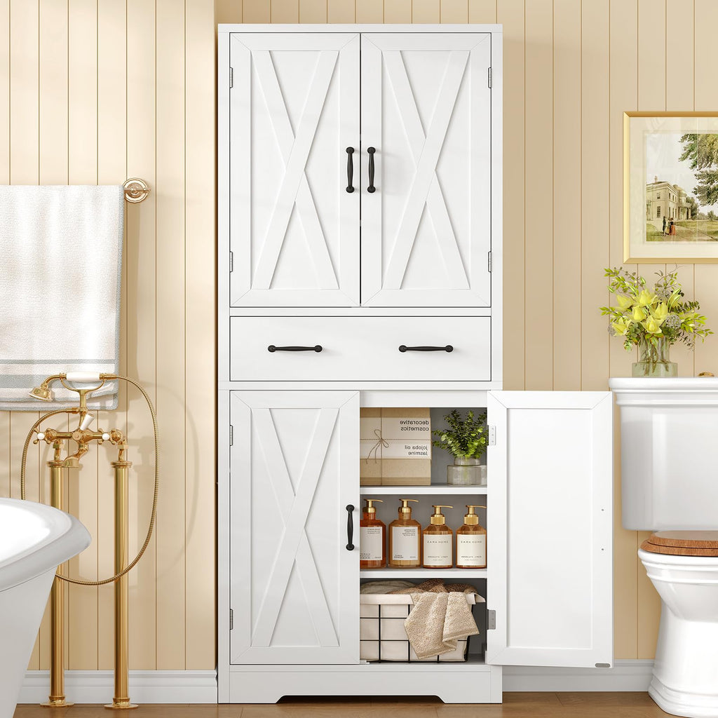 Storage Cabinet Pantry with 2 Adjustable Shelves Large Drawer 4 Doors Bathroom Kitchen Living Room White