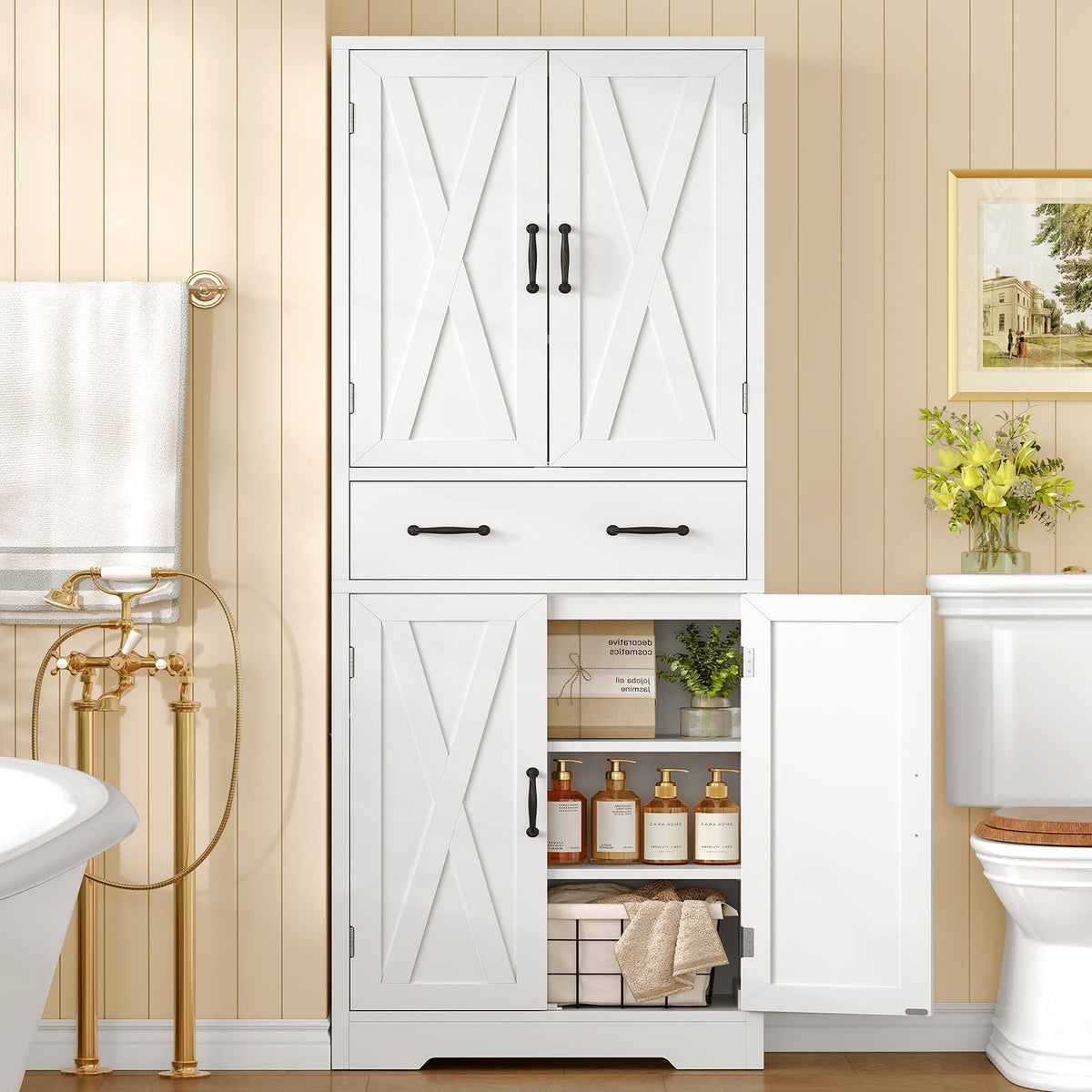 Storage Cabinet Pantry with 2 Adjustable Shelves Large Drawer 4 Doors Bathroom Kitchen Living Room White
