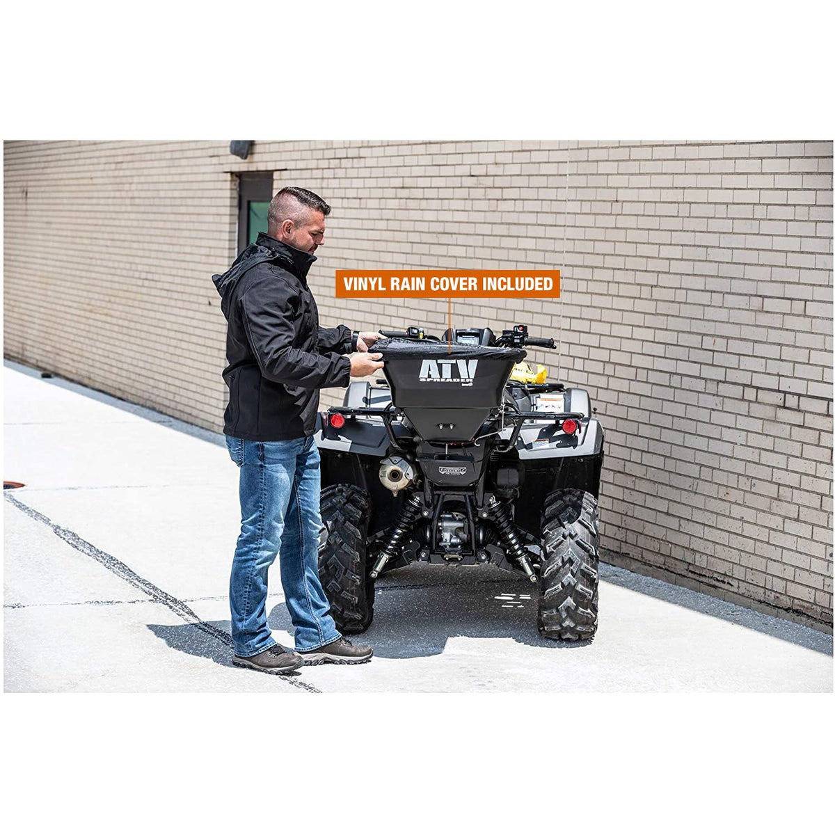 ATVS100 100 lb ATV rear rack mount broadcast spreader for efficient seed and fertilizer spreading
