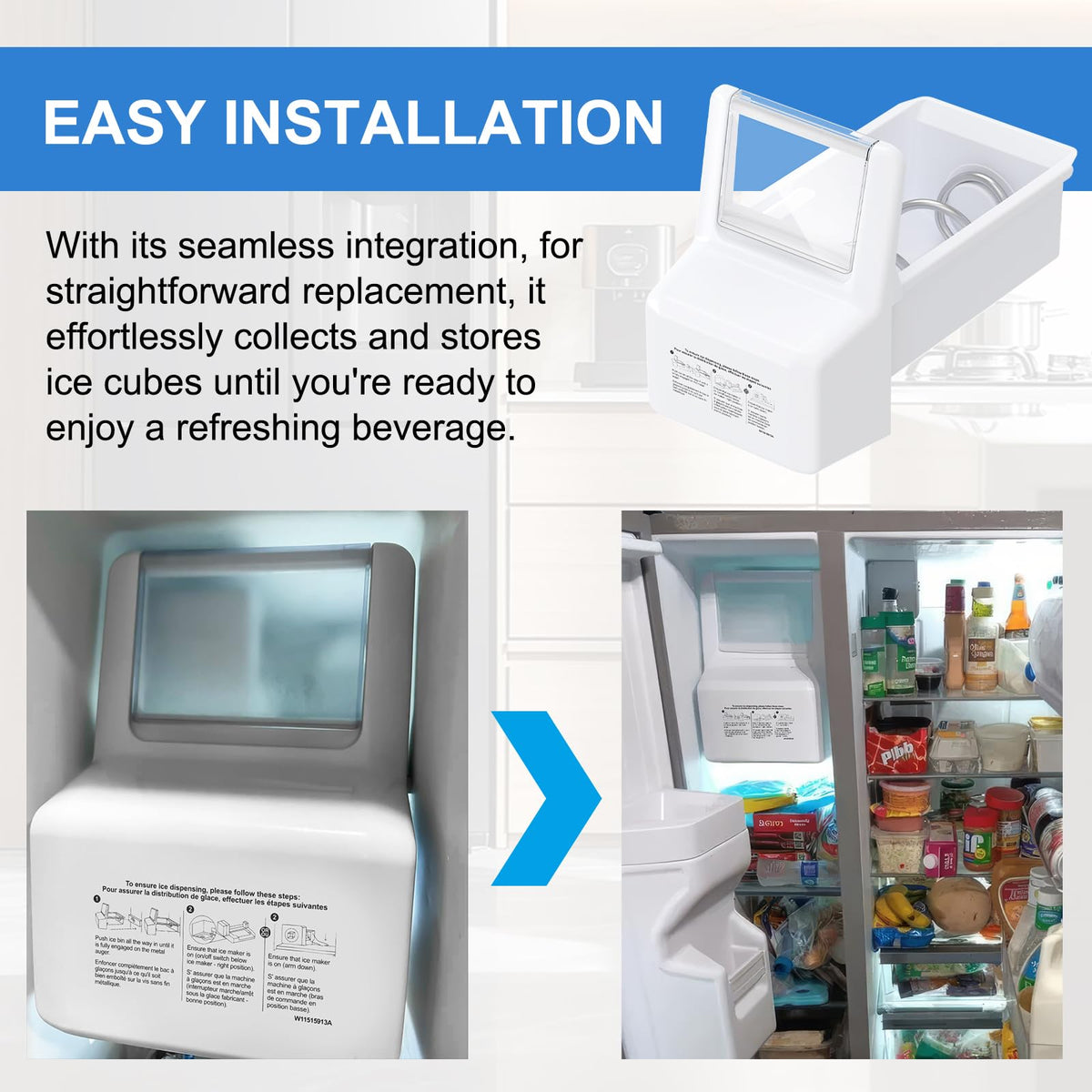 Upgraded WPW10558424 W10558424 WRS321SDHZ01 WRS321SDHZ05 WRS321SDHZ08 fridge ice bucket ice bin replacement