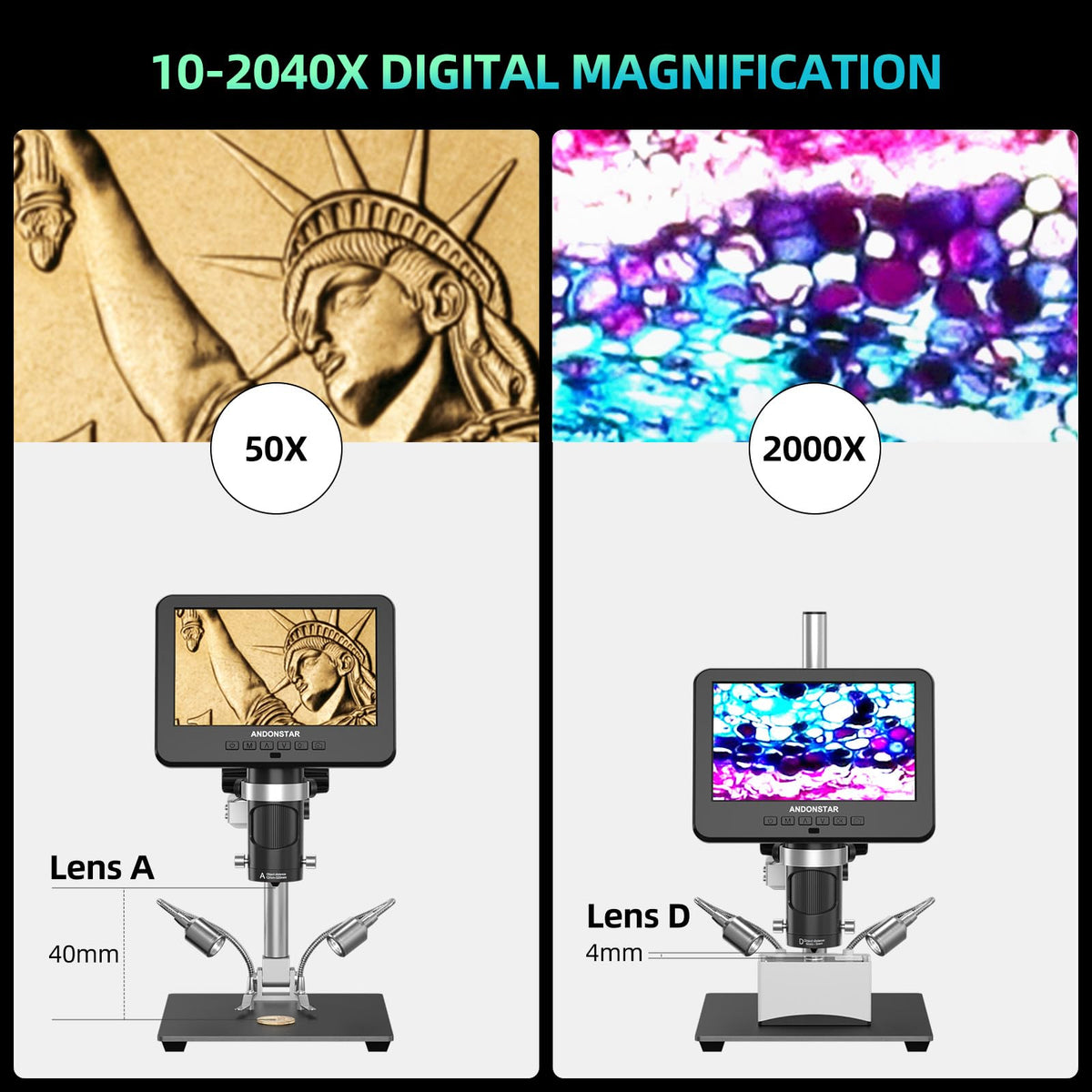 AD246S-M 3 Lens 2160P HDMI Digital Microscope 2000x Magnification for Adults Soldering Repair
