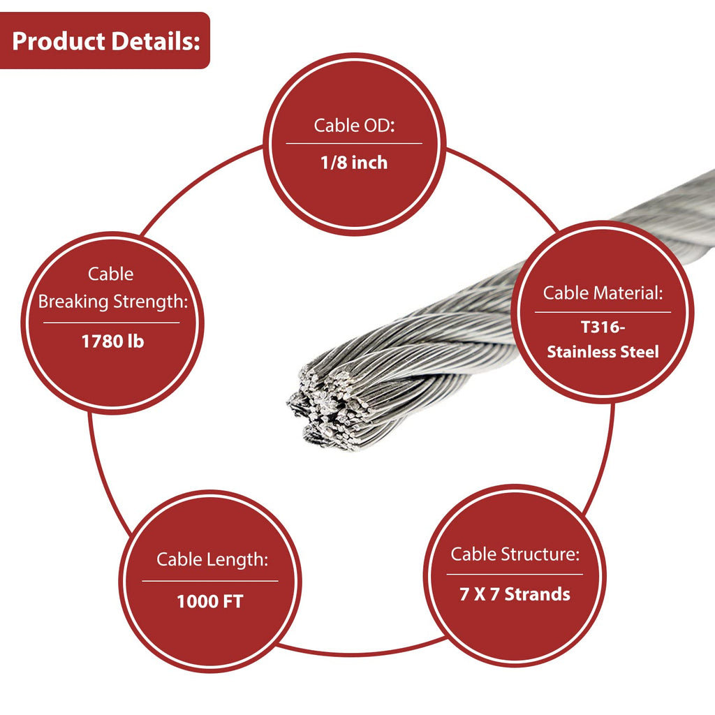 1000ft 1/8 T316 Stainless Steel Deck Railing Cable 7x7 Wire Rope Balustrade Kit with Cutter DIY Stair Porch