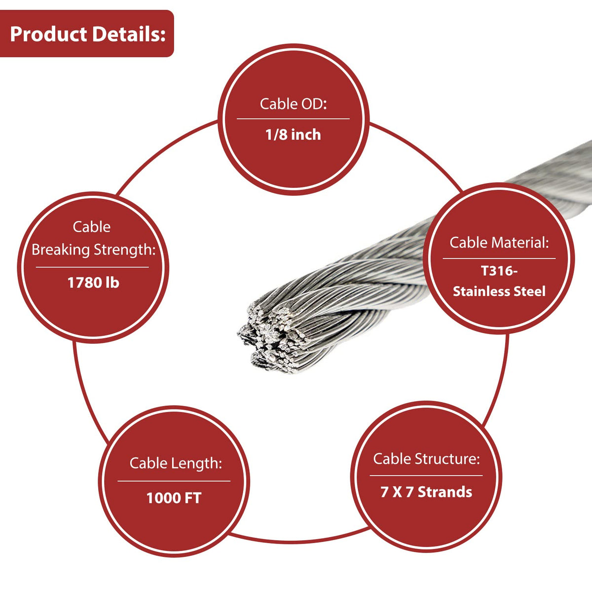 1000ft 1/8 T316 Stainless Steel Deck Railing Cable 7x7 Wire Rope Balustrade Kit with Cutter DIY Stair Porch