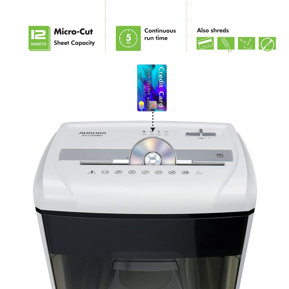 AU1285MD compact high security 12 sheet micro cut paper CD credit card pullout basket shredder white black