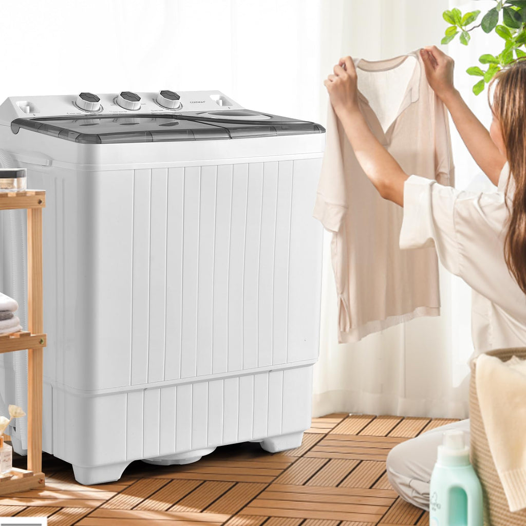 Portable Twin Tub Washing Machine 26lbs 18lbs Washer 8lbs Spinner Timer Knobs Drain Pump Compact Grey White