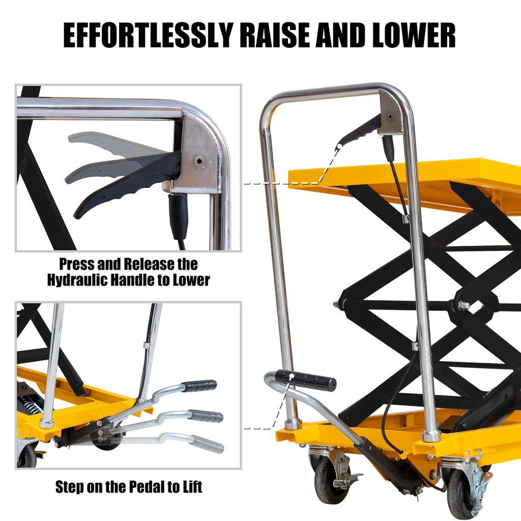 Hydraulic lift table cart 330 lbs 49.6 in max lift double scissor 4 wheels non slip pad for shop garage