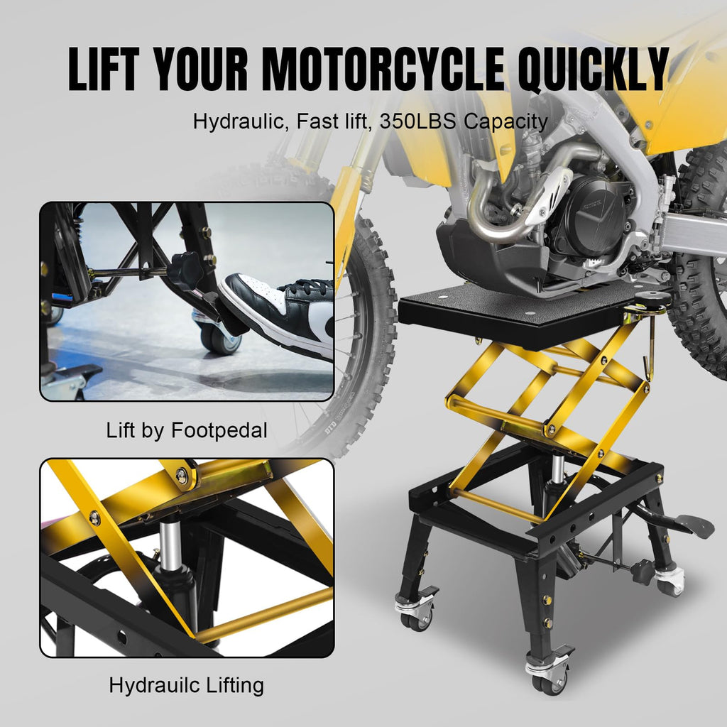 350 Lbs Motorcycle Lift Jack Table Hydraulic Foot Operated Scissor Lift for Bike Stand 4 Wheels Black
