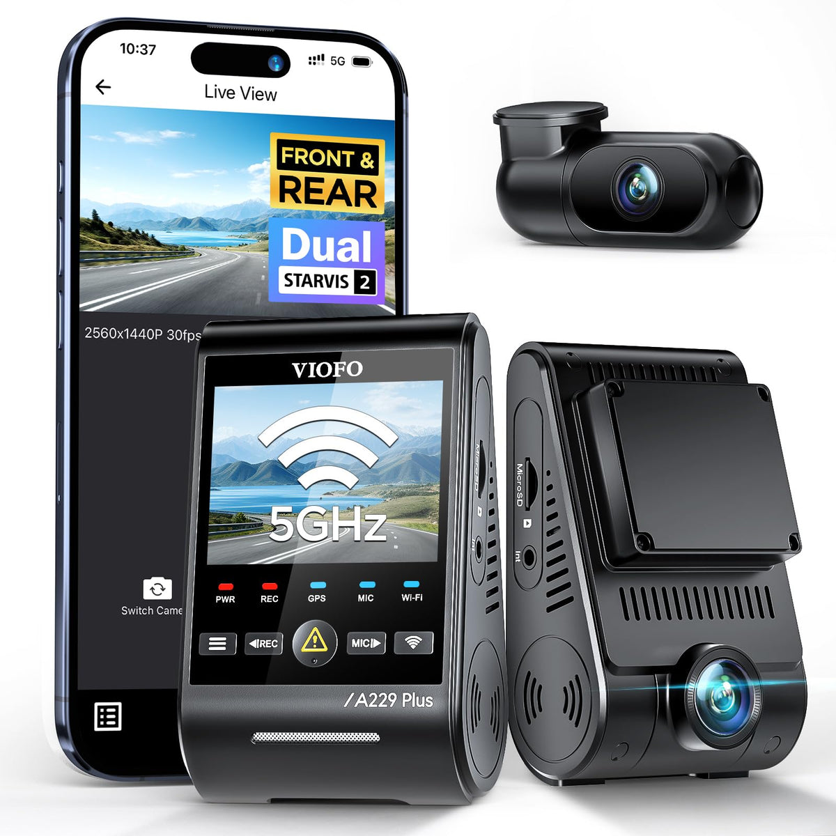 Front and Rear 2K Dash Cam, Dual STARVIS 2 Sensors, HDR, A229 Plus
