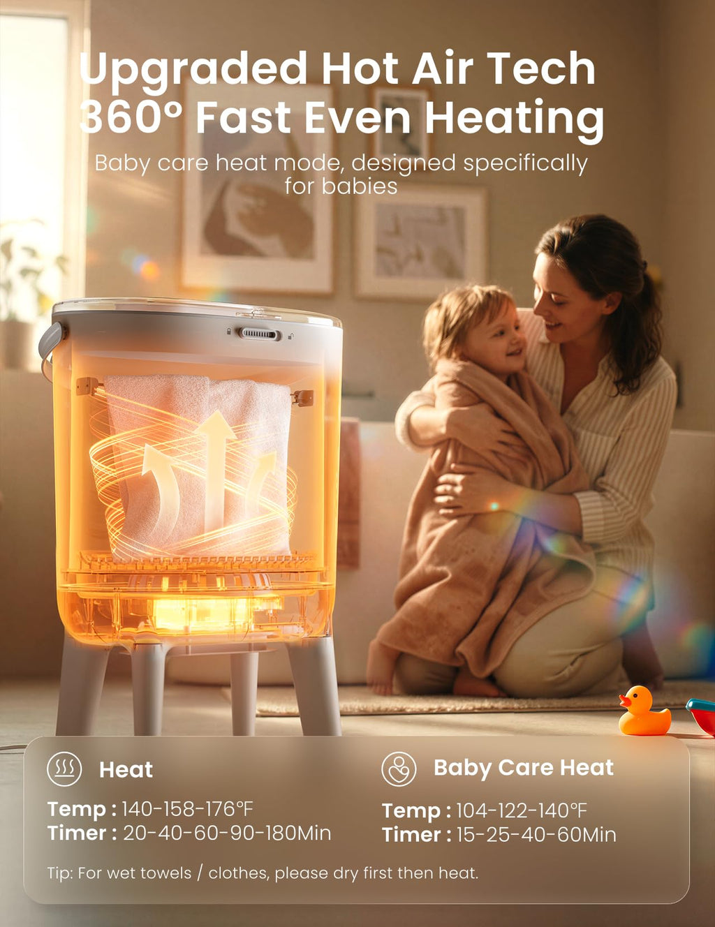 Towel warmer 2 in 1 heating and drying baby care LED display dual child lock auto shut off oversized towels