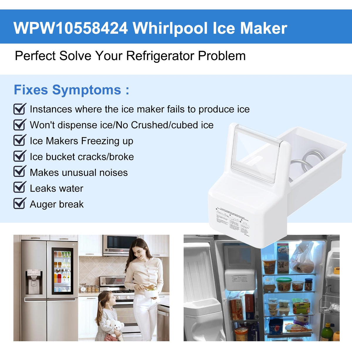 Upgraded WPW10558424 W10558424 WRS321SDHZ01 WRS321SDHZ05 WRS321SDHZ08 fridge ice bucket ice bin replacement
