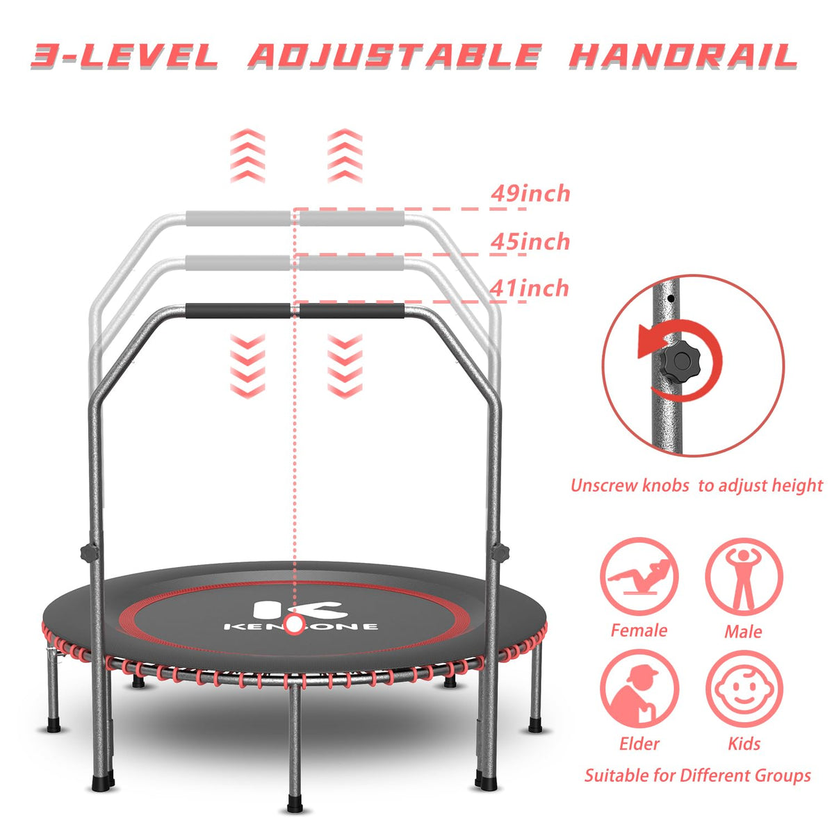 Foldable Bungee Rebounder Trampoline for Adults with Handlebar Indoor Outdoor Home Gym Fitness Exercise