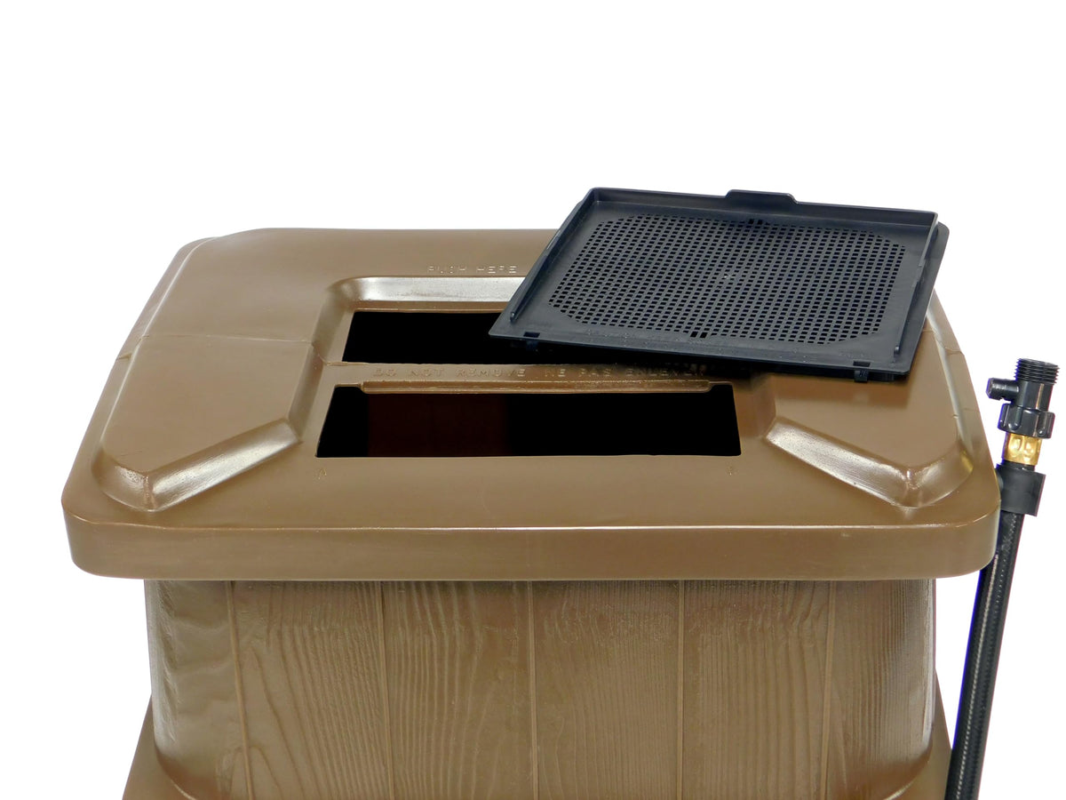 Outdoor slim line design rain barrel 45 gallon brown space saving water collection durable