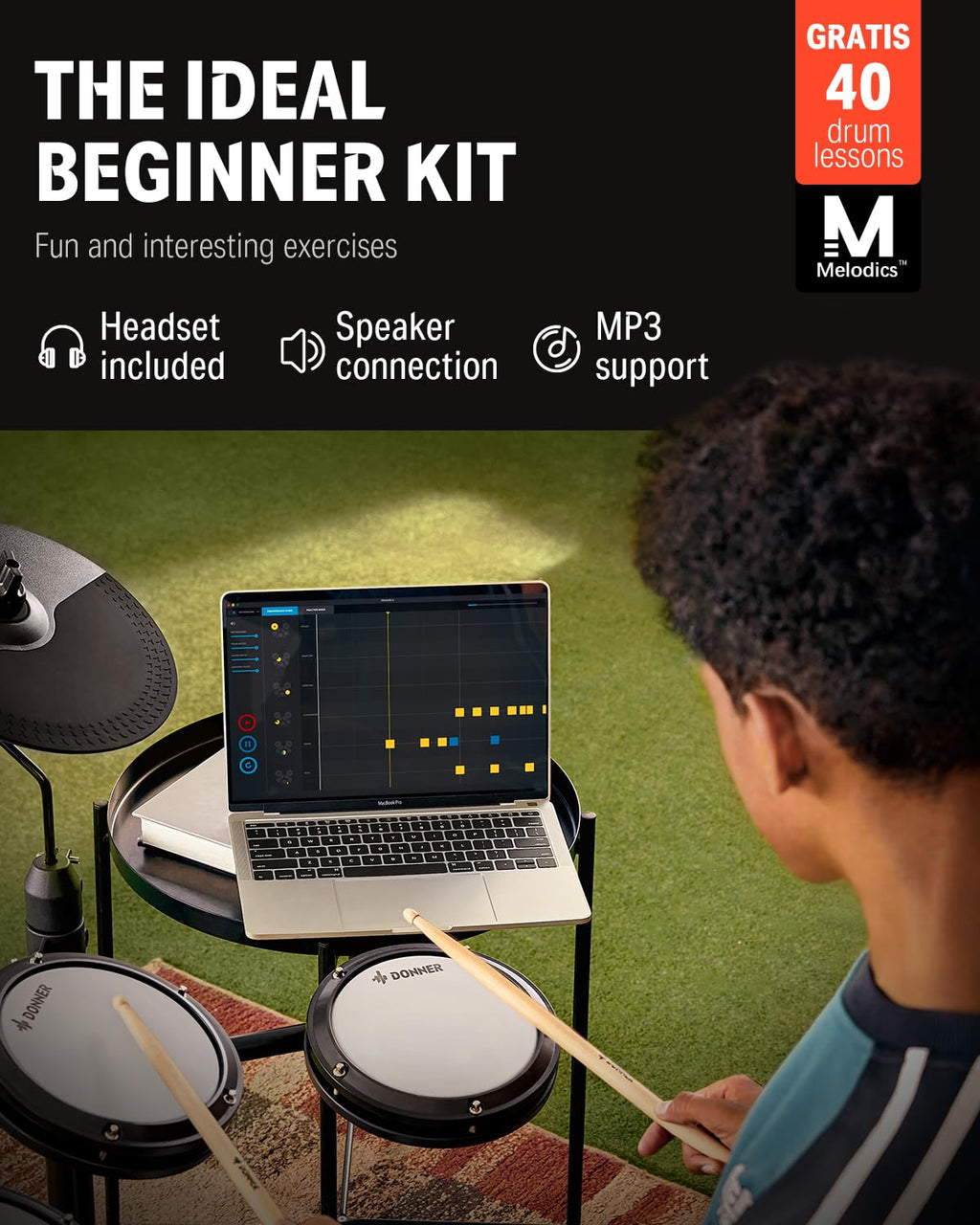 DED-80 Electronic Drum Set with 4 Quiet Mesh Pads 180+ Sounds 2 Pedals Throne Headphones Sticks Lessons