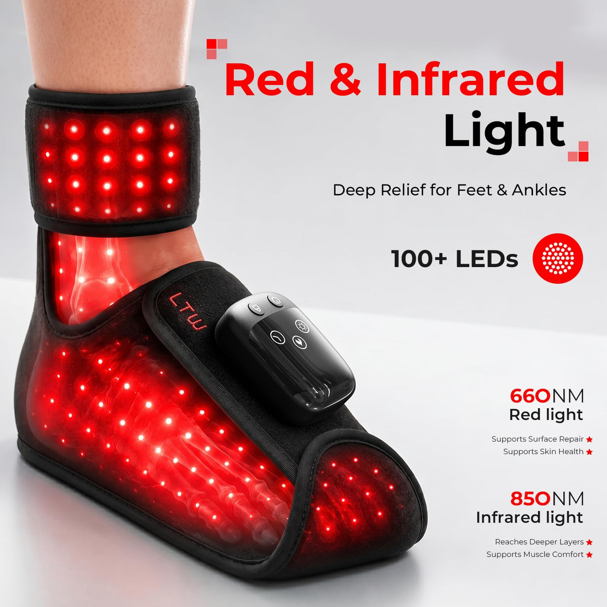 Red Light Therapy Foot Massager 101 LED Neuropathy Pain Relief 660nm 850nm 3 Heat 5 Intensity Pulse Cordless