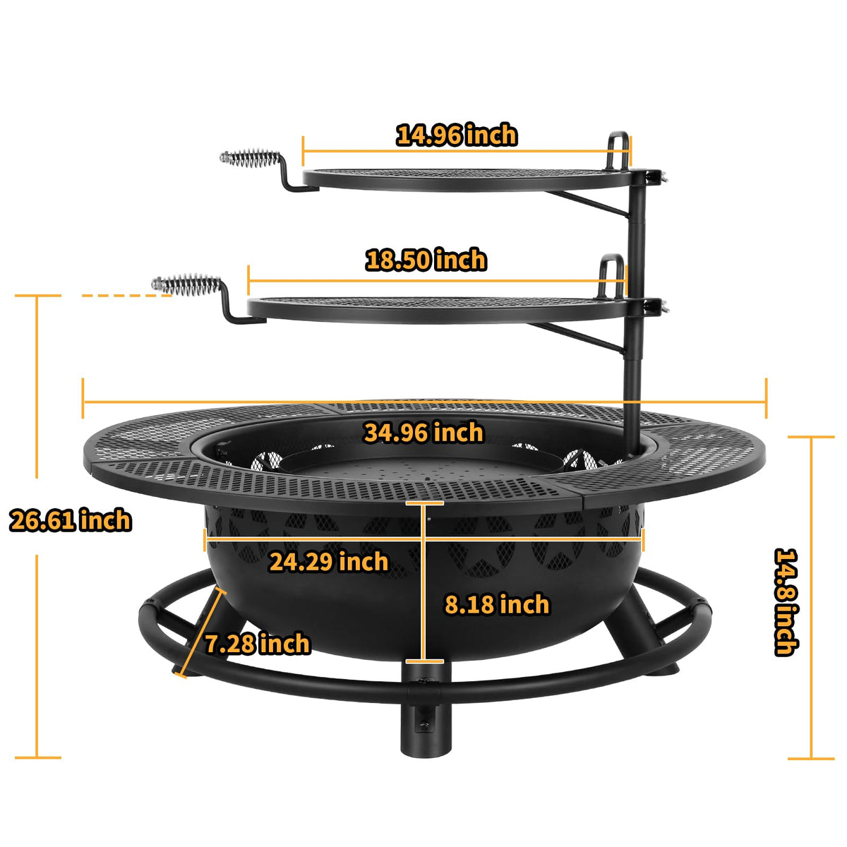 35 inch wood burning BBQ fire pit with 2 cooking grates charcoal pan cover lid round table for patio bonfire