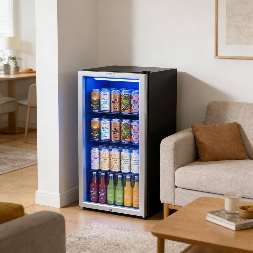 3.3 cu ft beverage refrigerator cooler double glass door adjustable shelf with lock 32 to 50 Fahrenheit black