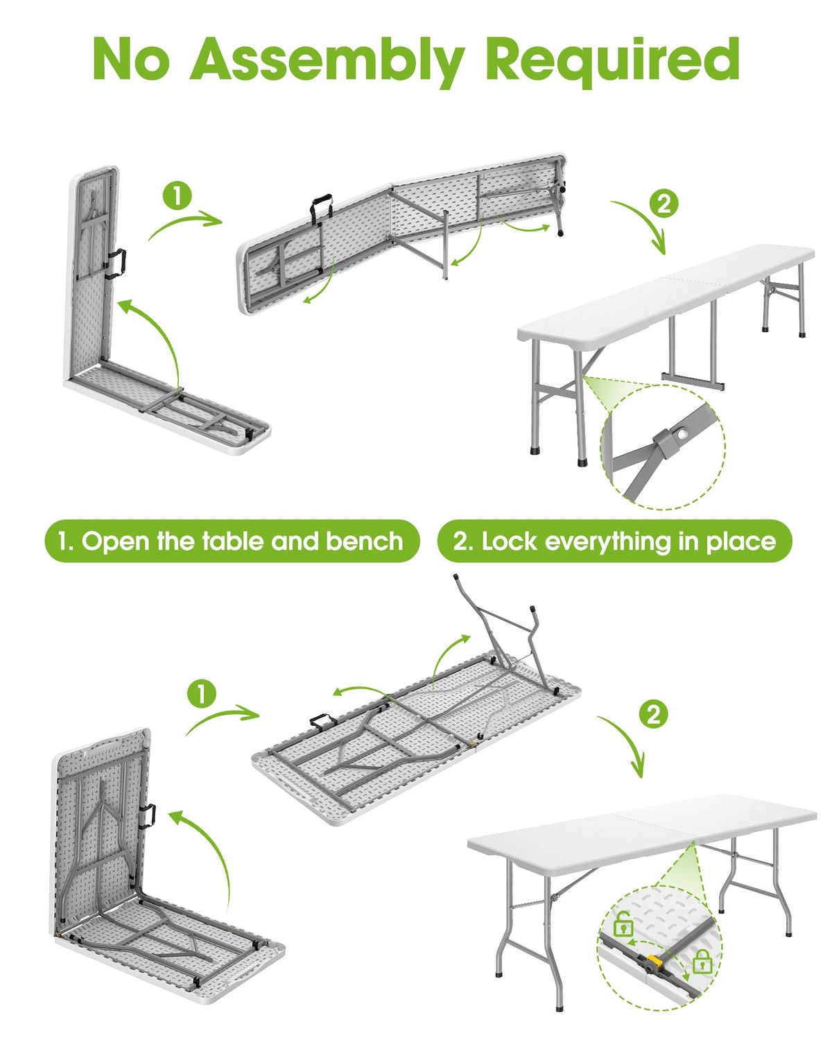 6FT Folding Table and 2 Chairs Set Sturdy Portable Picnic Table for Camping Garden BBQ White