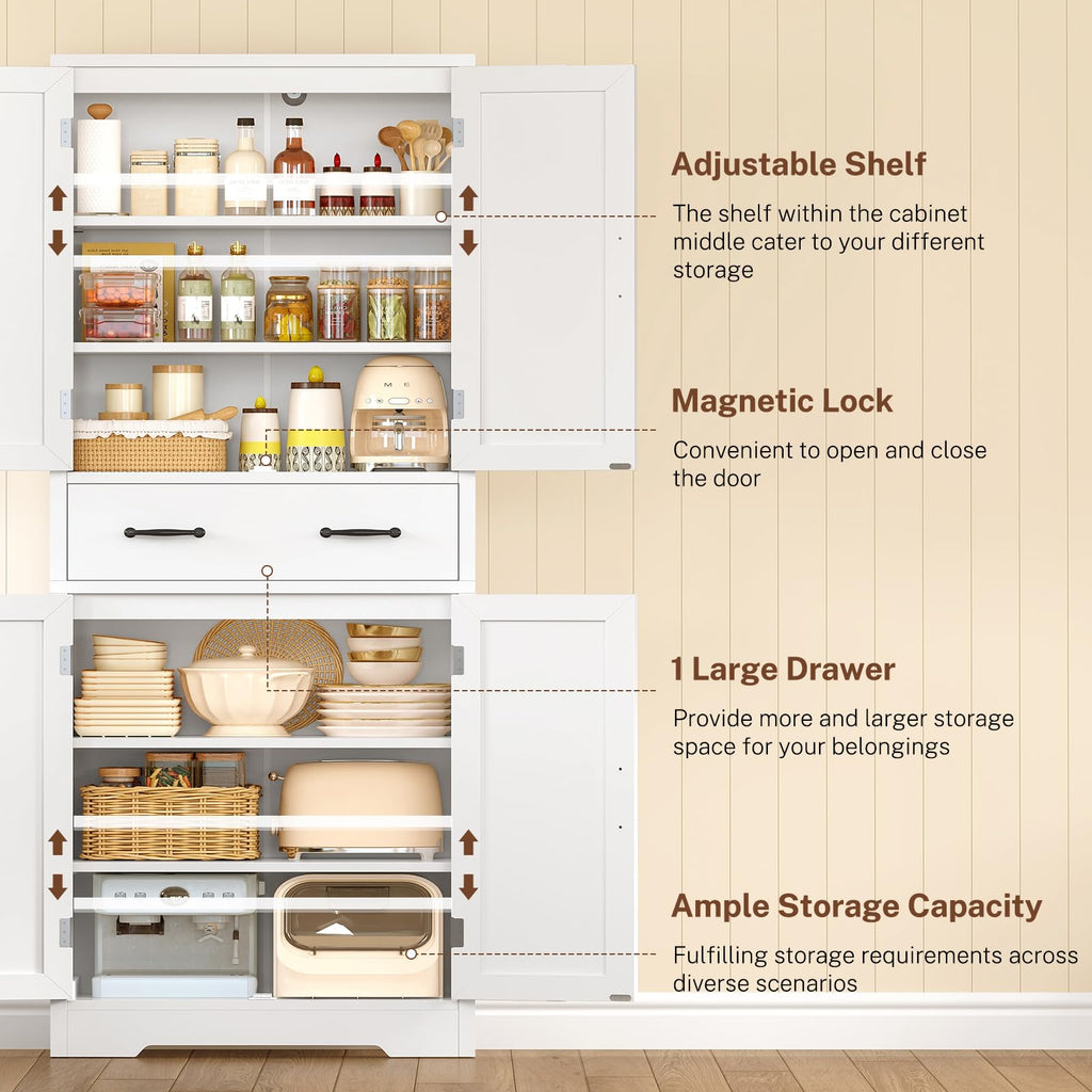 Storage Cabinet Pantry with 2 Adjustable Shelves Large Drawer 4 Doors Bathroom Kitchen Living Room White