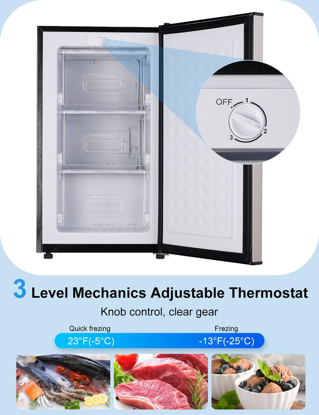 3.2 Cu Ft Mini Freezer Compact Upright Small Freezer Silver for Home Office Dorm Garage Bedroom