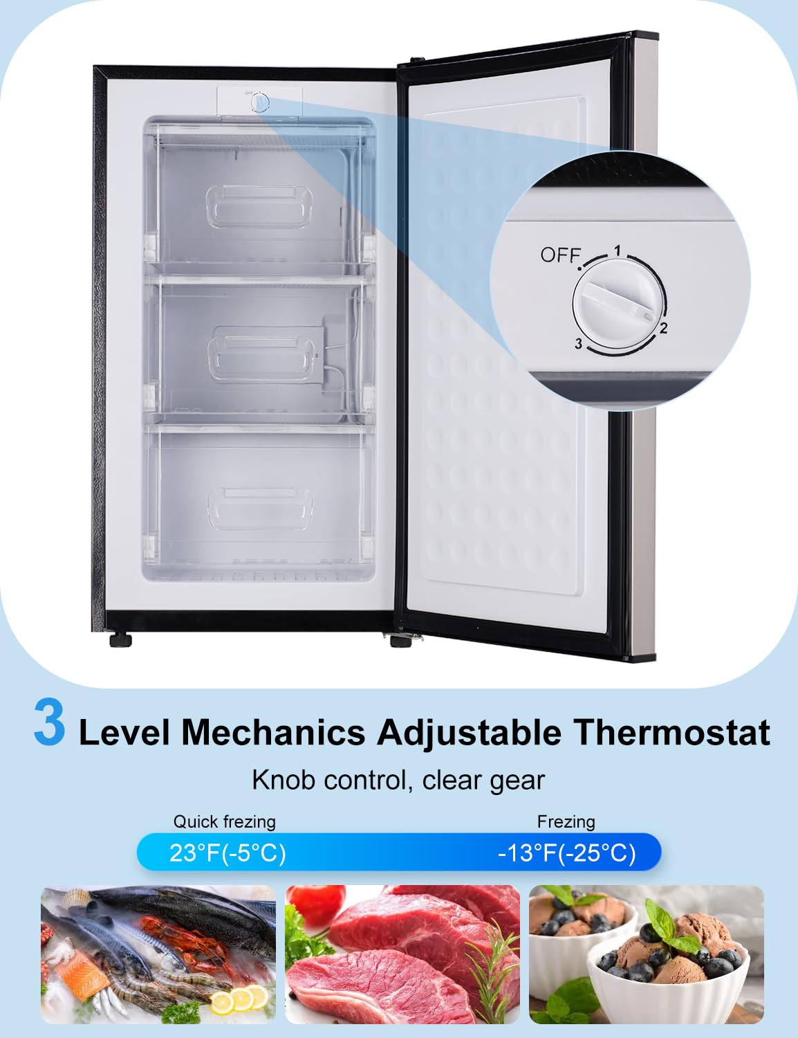 3.2 Cu Ft Mini Freezer Compact Upright Small Freezer Silver for Home Office Dorm Garage Bedroom