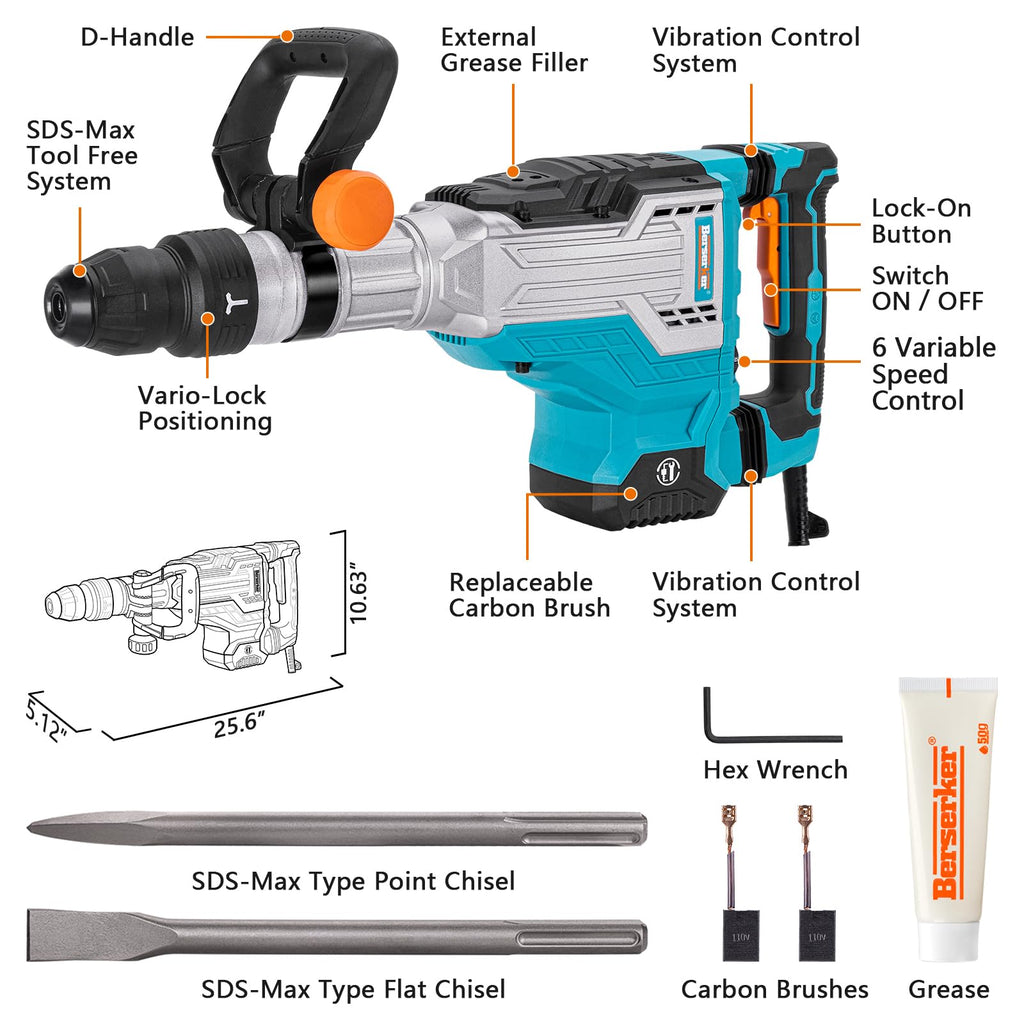 1700W 25 Pound SDS Max Heavy Duty Electric Demolition Jack Hammer 65H 14 Amp Corded Concrete Breaker