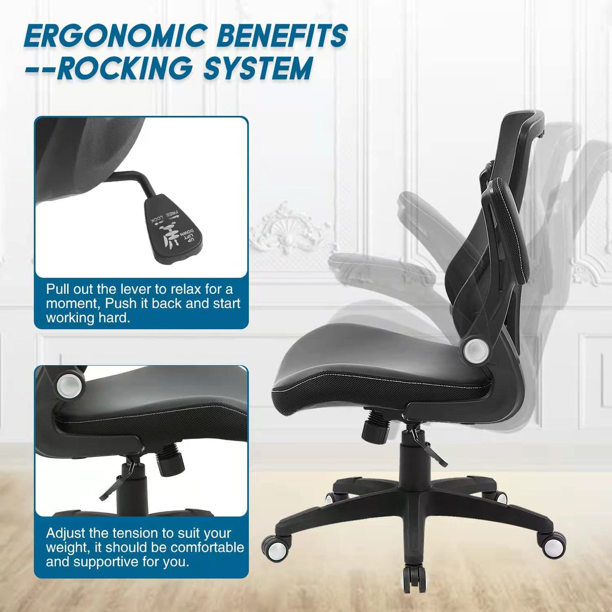 Ergonomic Office Chair PU Leather Mesh Back Lumbar Support Flip Up Arms Swivel Executive Desk Chair