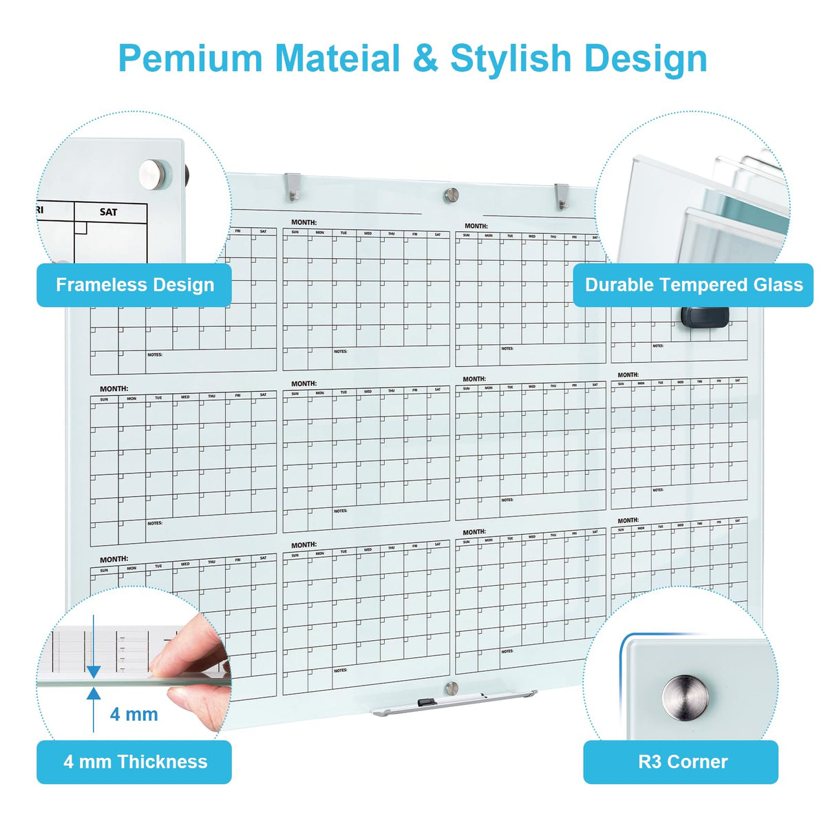 Glass Calendar Whiteboard 72 x 48 Inches Dry Erase Planner Board for Office Home School Use