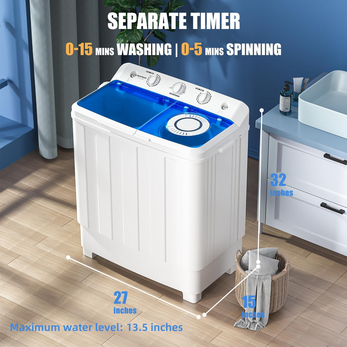 Portable 28lbs Twin Tub Washer with Drain Pump Semi automatic 18lbs Washer 10lbs Spinner Combo for Dorms RVs