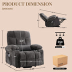 Power lift recliner chair for elderly with lumbar heat and massage grey fabric electric stand up assistance