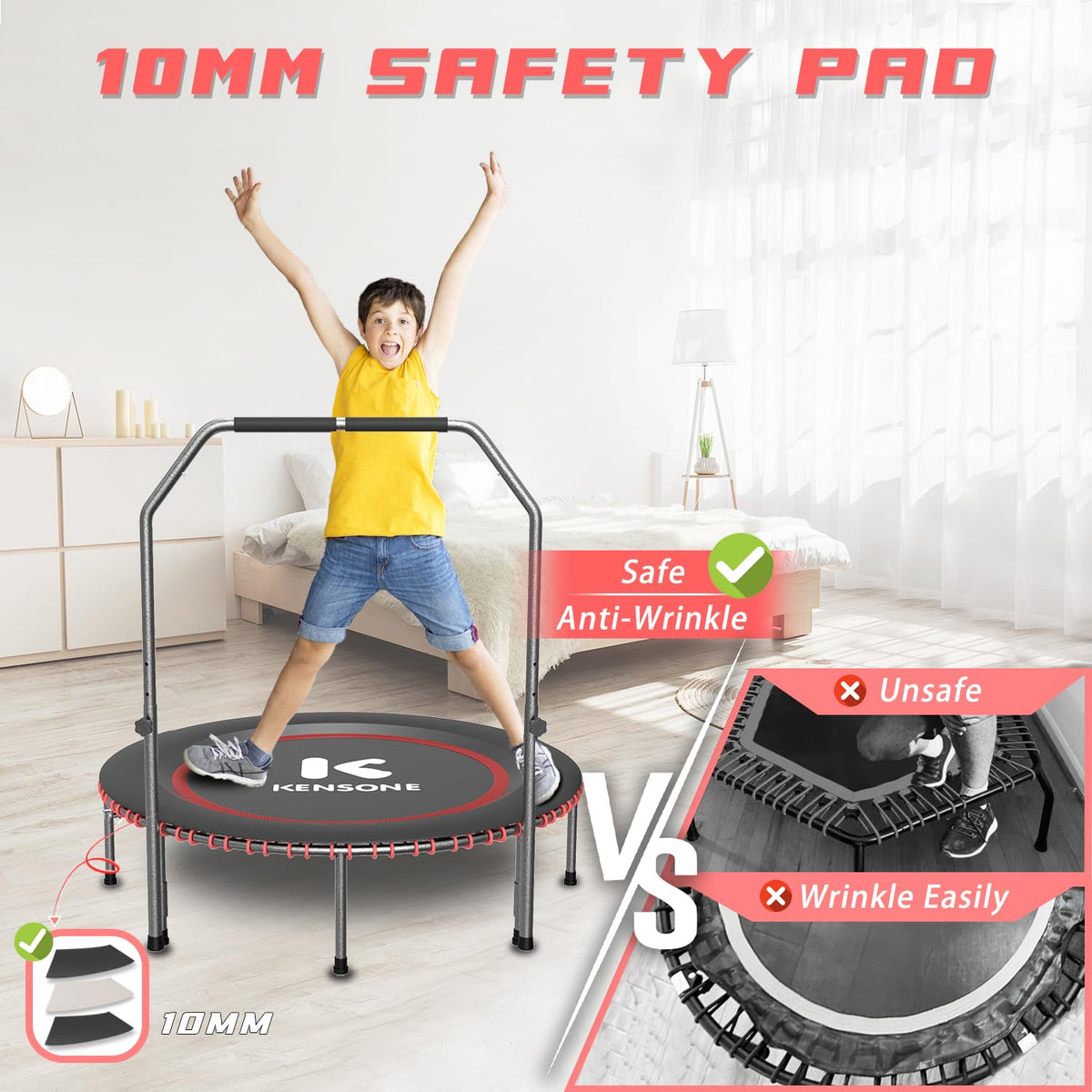 Foldable Bungee Rebounder Trampoline for Adults with Handlebar Indoor Outdoor Home Gym Fitness Exercise