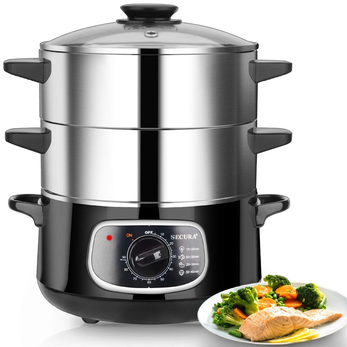 Stainless Steel Electric Food Steamer 8.5 Qt Glass Lid Double Tiered Stackable Baskets with Timer Model 2