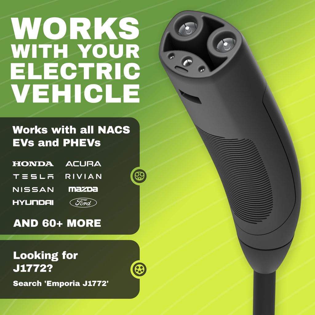 Level 2 EV Charger NACS Tesla Compatible 48 Amp Hardwired with Whip UL Energy Star WiFi EVSE 25ft Cable Black