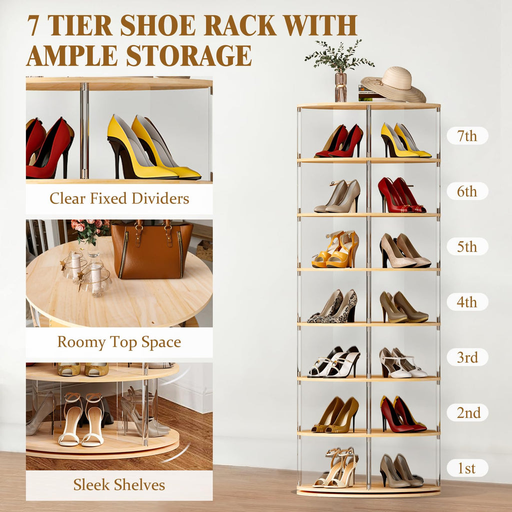 7 tier rotating shoe rack 360 degree spinning lazy susan tower acrylic wood shelf closet entryway bedroom