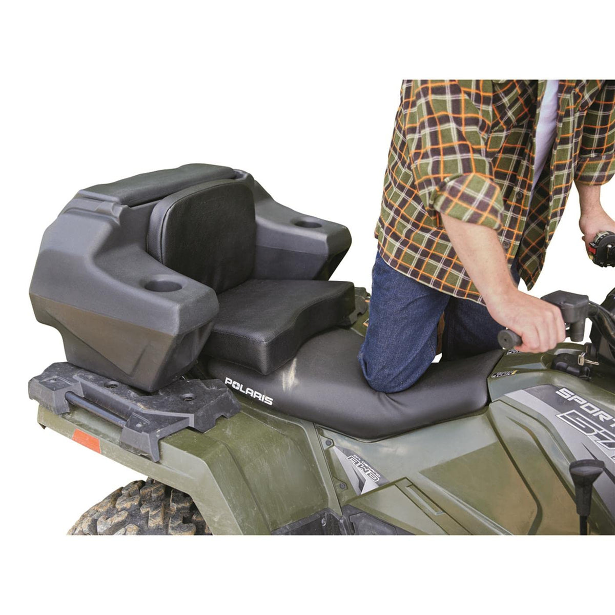 ATV lounger seat with storage large cushion padded backrest cargo box helmet holder heavy duty universal