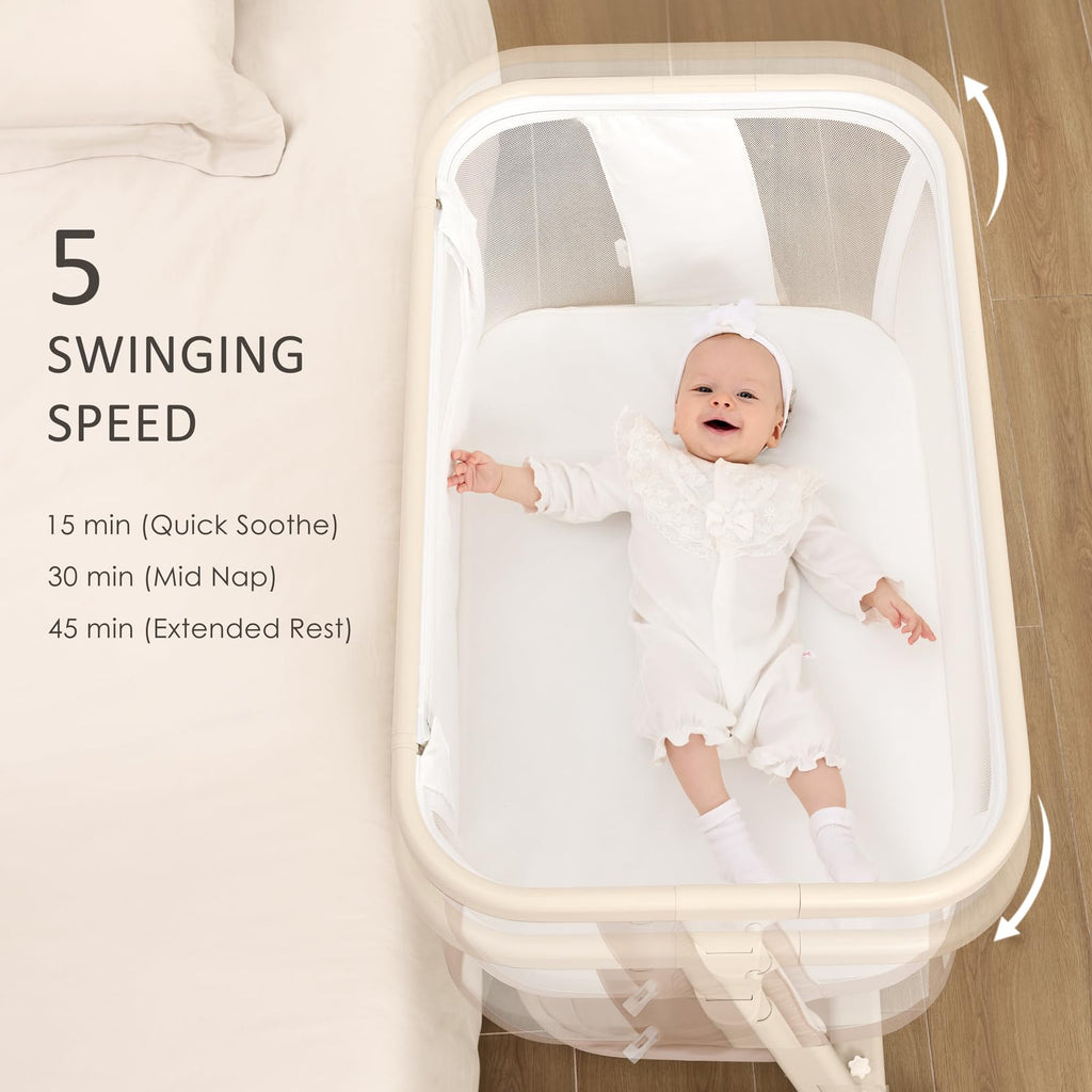 Electric Baby Bassinet Auto Rocking Bedside Sleeper 6 Heights Mattress Remote Control 5 Speeds 3 Timers Beige