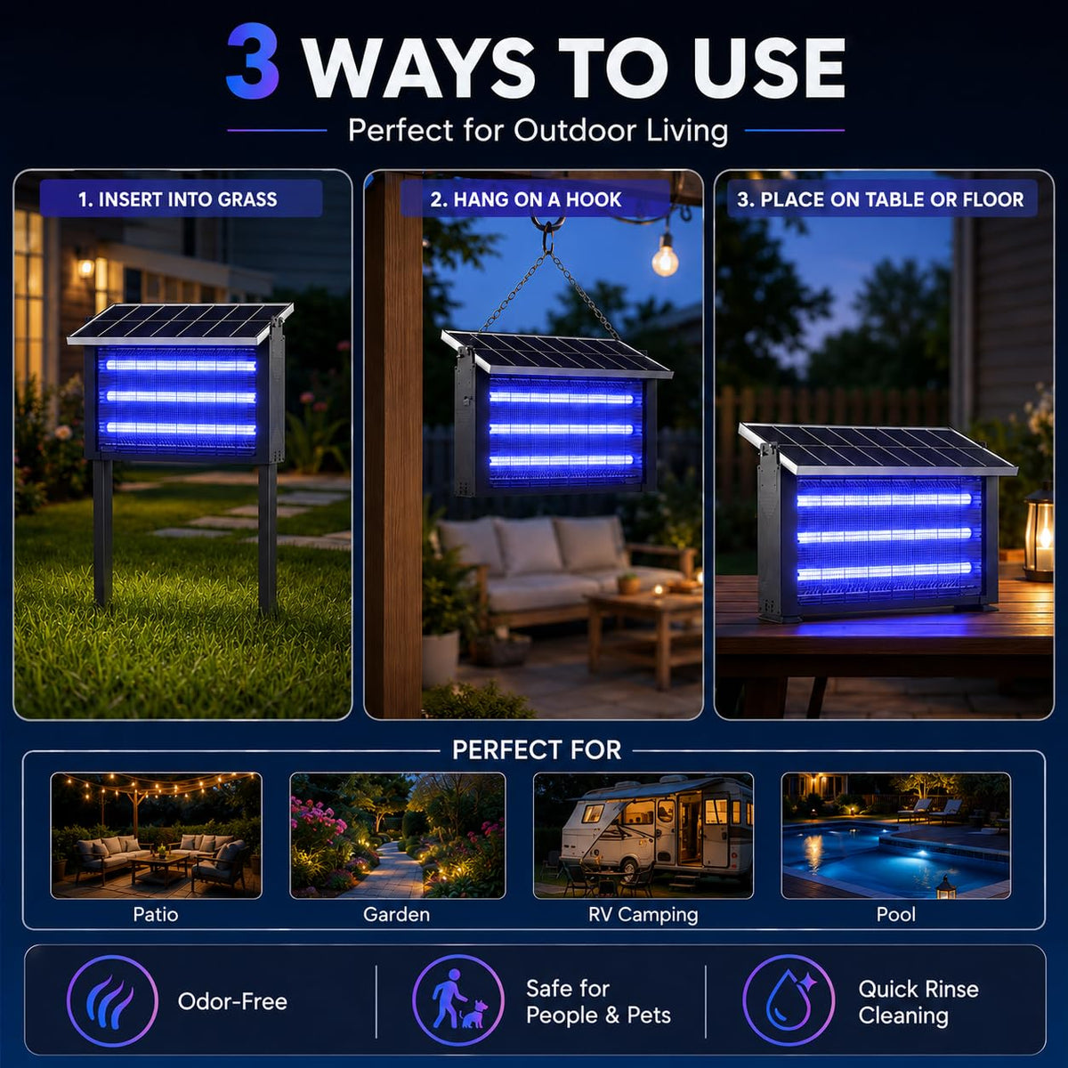 Solar bug zapper outdoor 8000 sq ft 30W mosquito zapper USB rechargeable fly trap IPX4 waterproof dusk to dawn