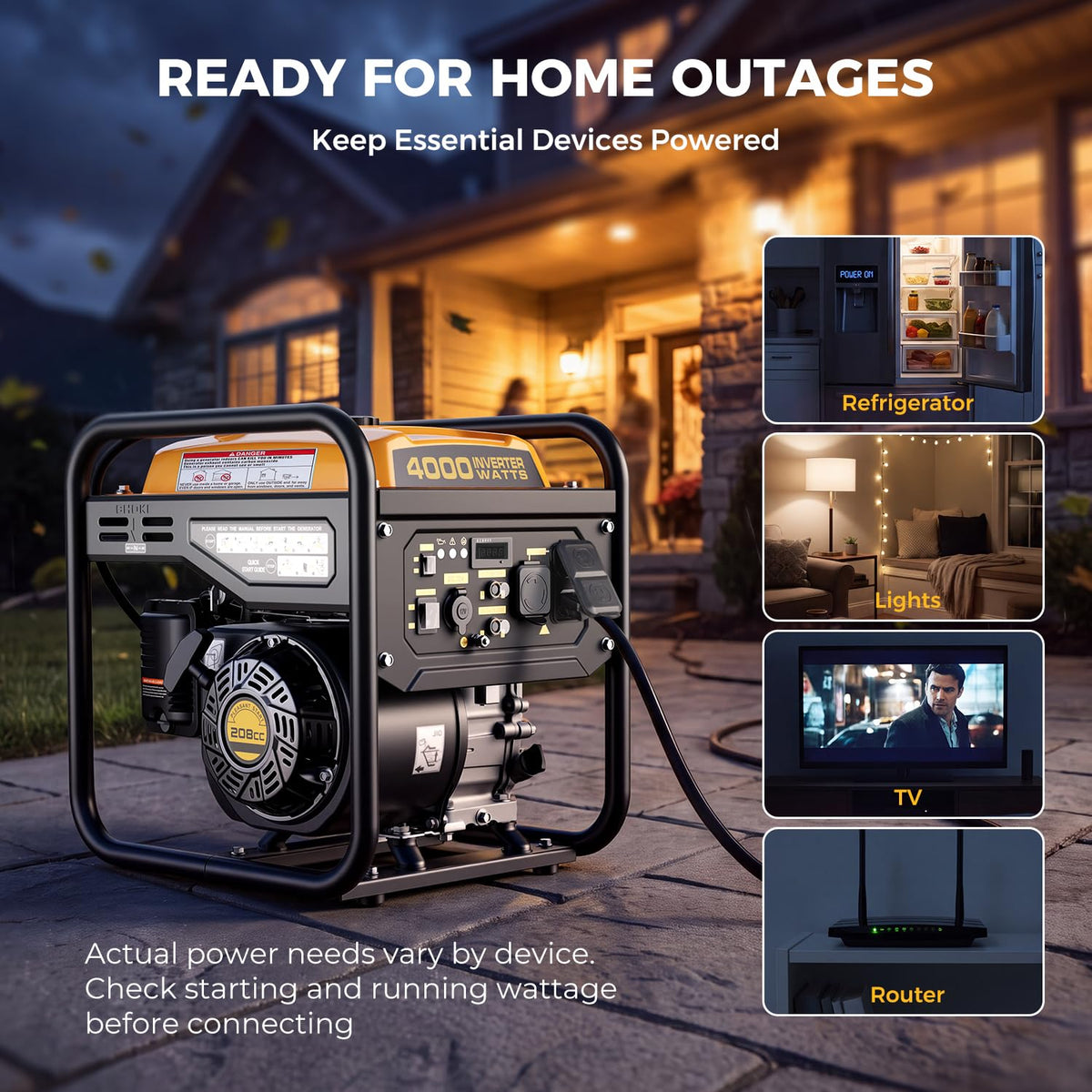 4000W Gas Powered Inverter Generator with 208cc Engine Portable Camping Power Supply for Outdoor Use