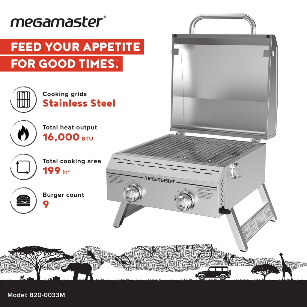 Portable tabletop 2 burner gas grill stainless steel barbecue with foldable legs for outdoor camping