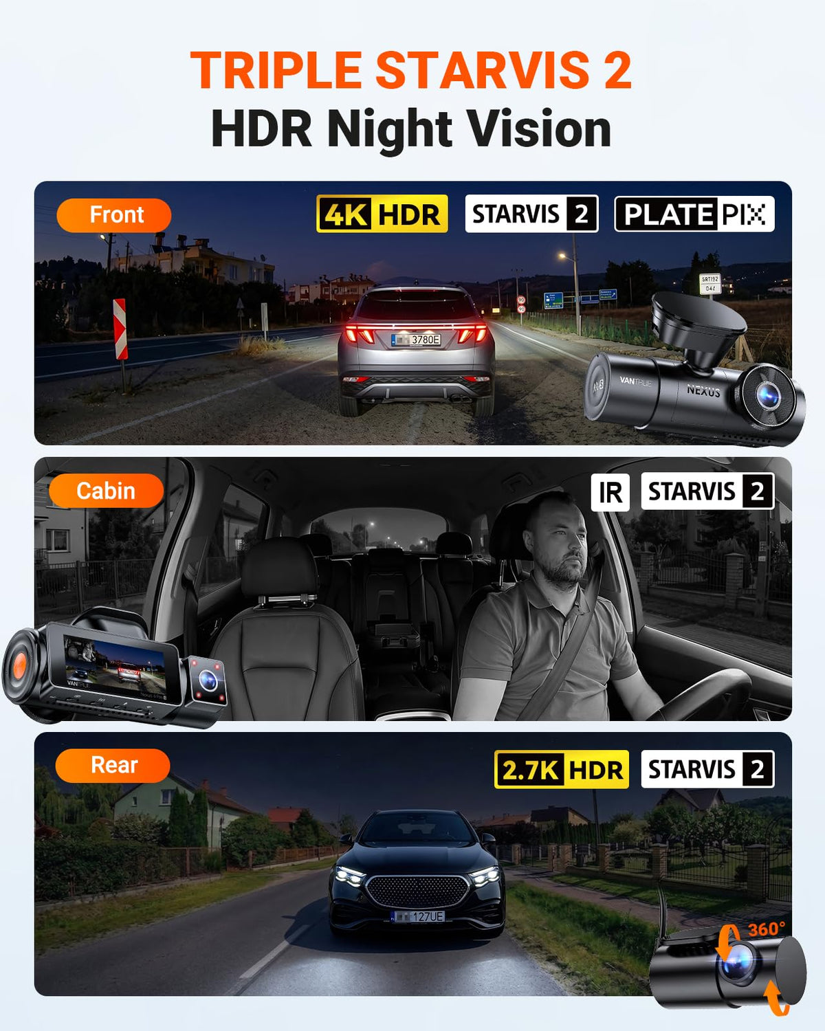 N4 Pro S 4K 3 Channel Dash Cam Triple STARVIS 2 HDR Car Camera with GPS WiFi Night Vision for Cars Trucks