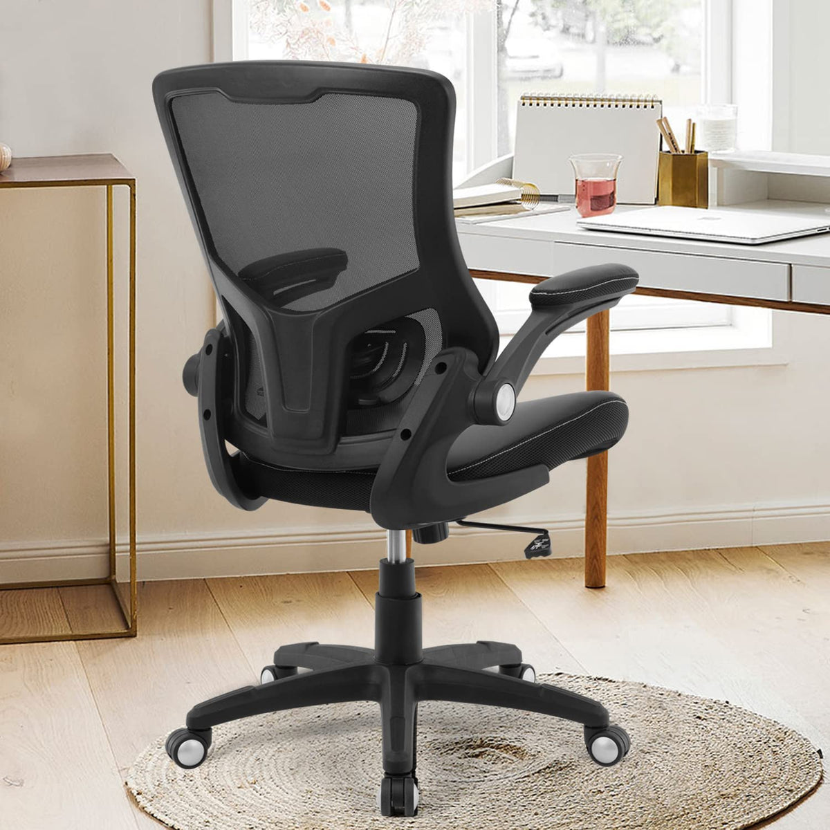 Ergonomic Office Chair PU Leather Mesh Back Lumbar Support Flip Up Arms Swivel Executive Desk Chair