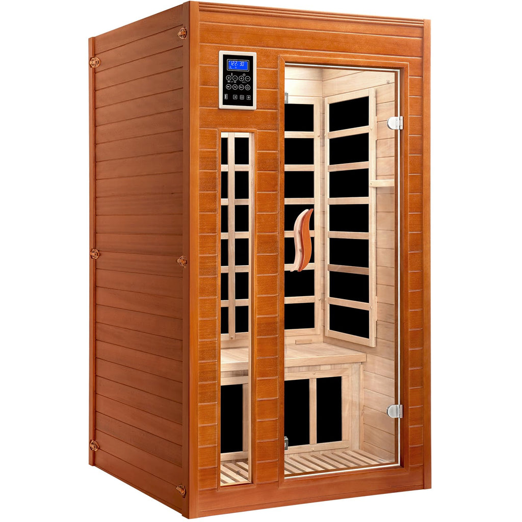 1 to 2 Person Infrared Dry Heat Sauna with Red Light Therapy Bluetooth 7 Color Light 40 x 36 x 73 in Brown