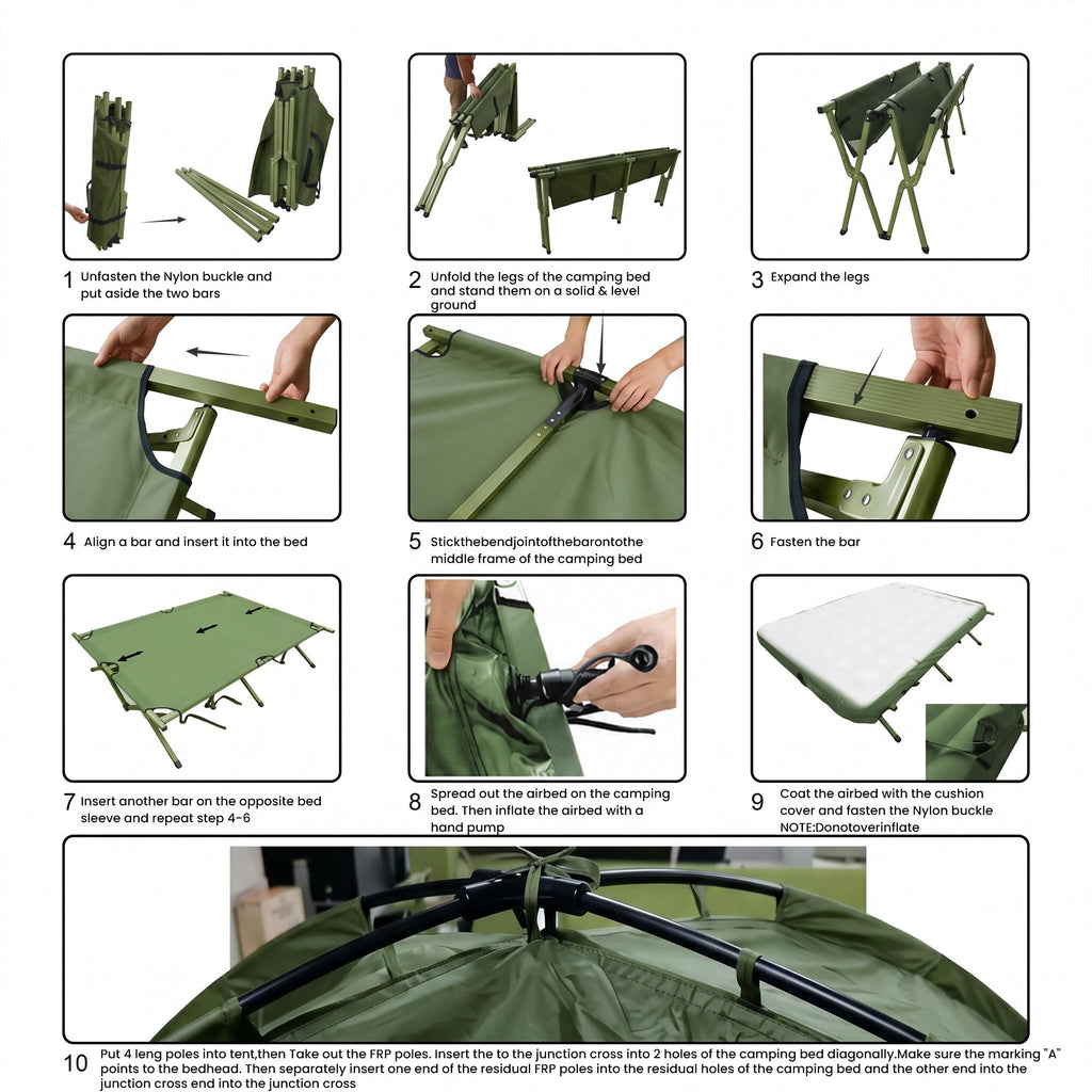 2 Person Cot Tent 4 in 1 Elevated Bed Combo with Air Mattress Portable Camping Outdoor Sleeping Solution