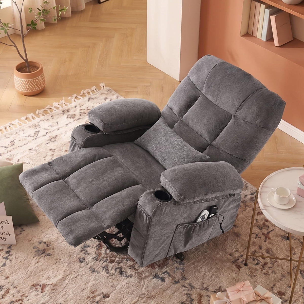 Power lift recliner chair for elderly with lumbar heat and massage grey fabric electric stand up assistance